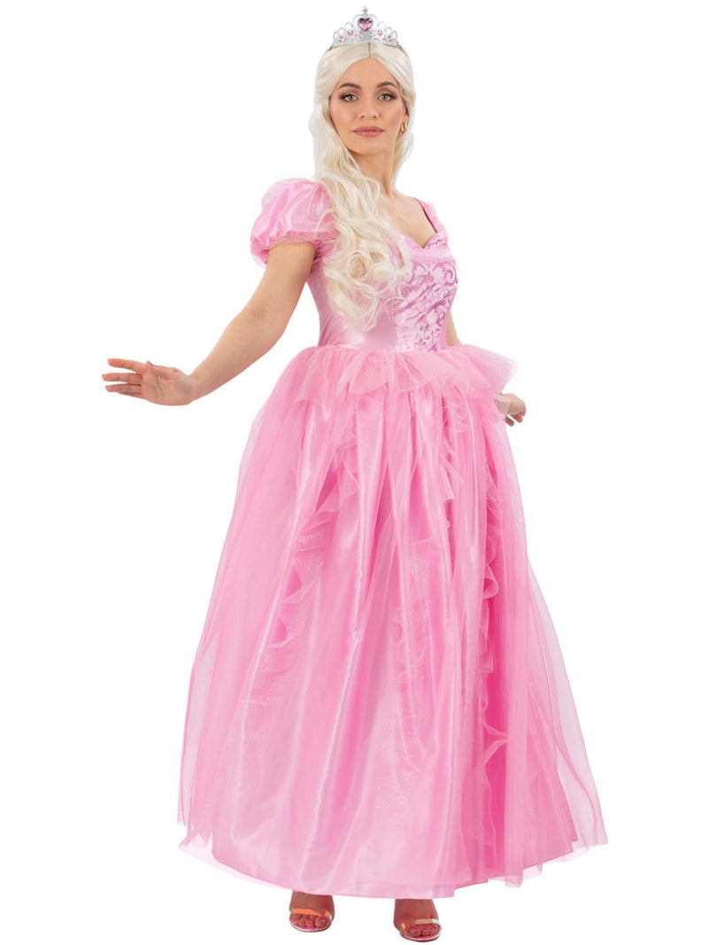 Womens pink fairy princess costume dress with shimmering satin bodice and tulle skirt