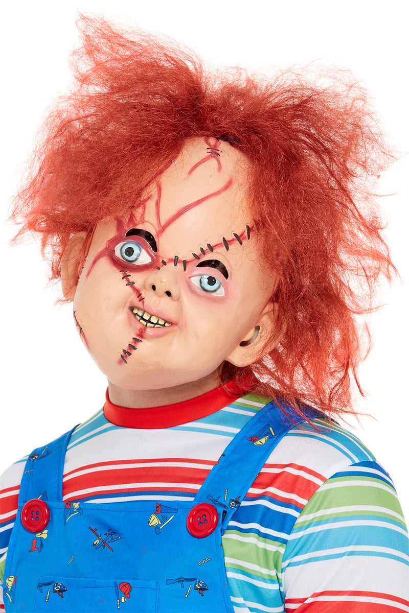 Adult Chucky overhead latex mask with painted scars and orange faux hair