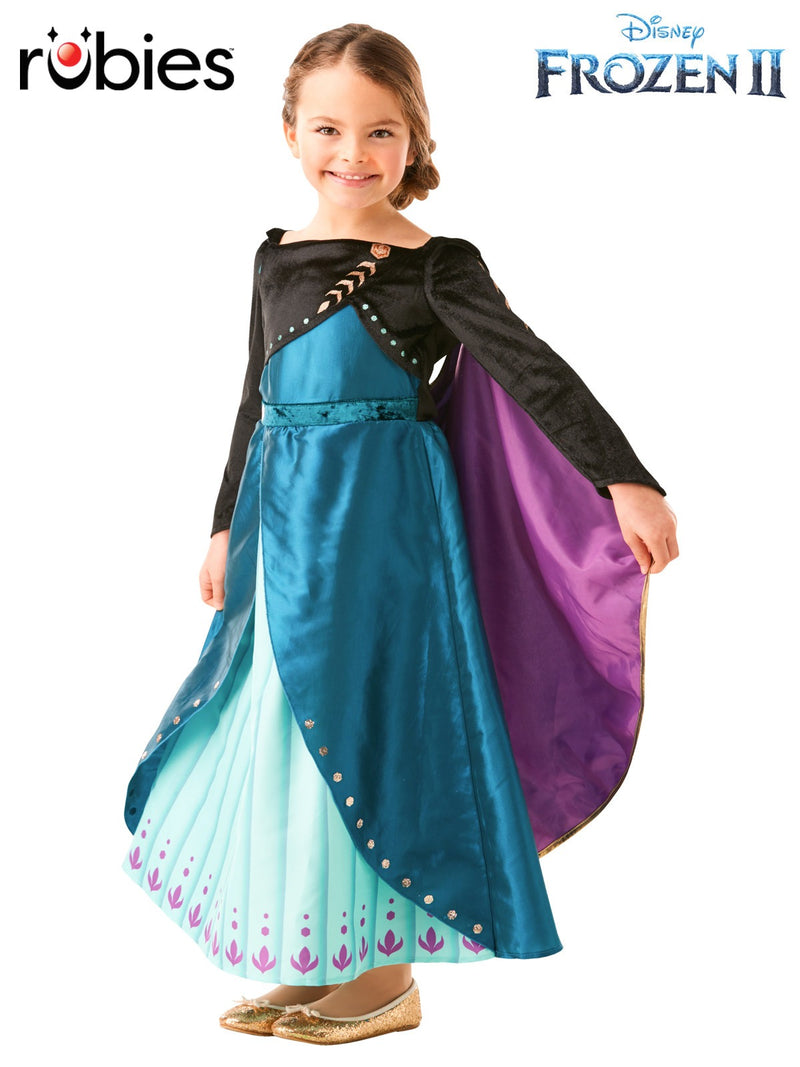 Kids Queen Anna Frozen 2 costume dress with teal bodice and detachable purple velour cape