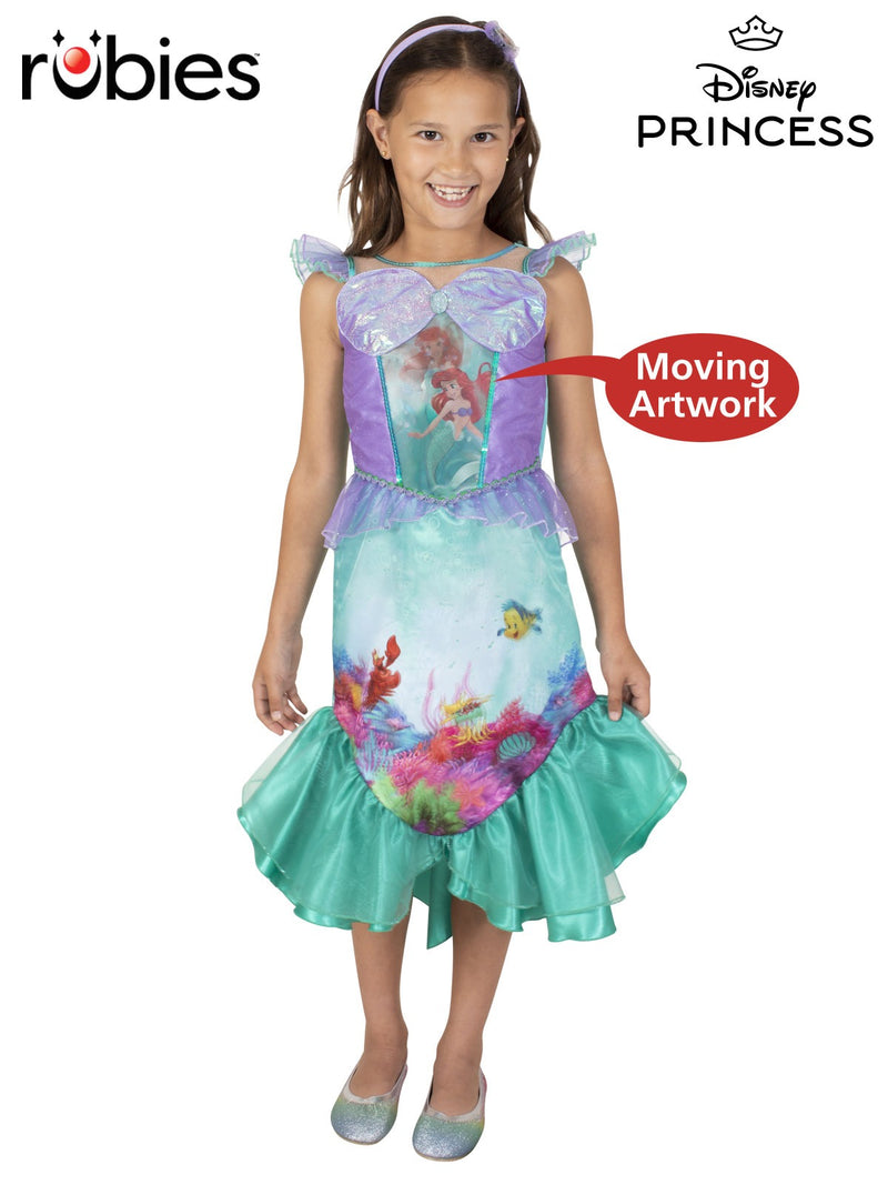 Kids Ariel Little Mermaid costume dress front view showing colour-shifting lenticular panel and shell bodice