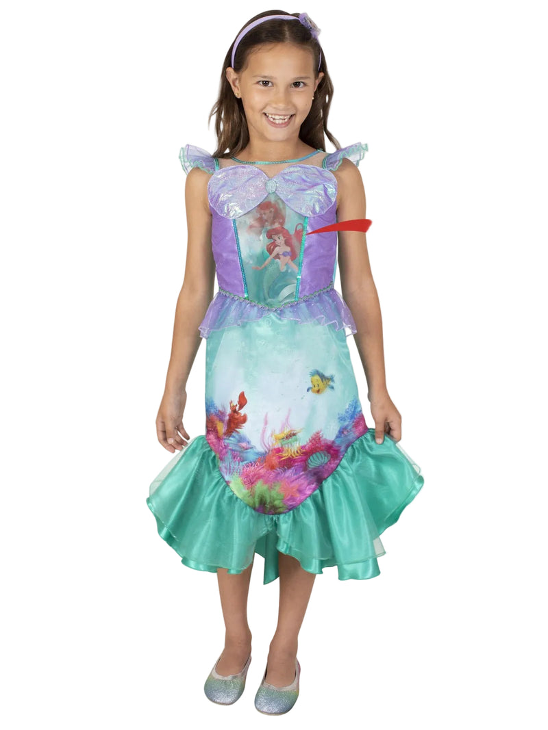 Kids Ariel Little Mermaid costume dress front view showing colour-shifting lenticular panel and shell bodice