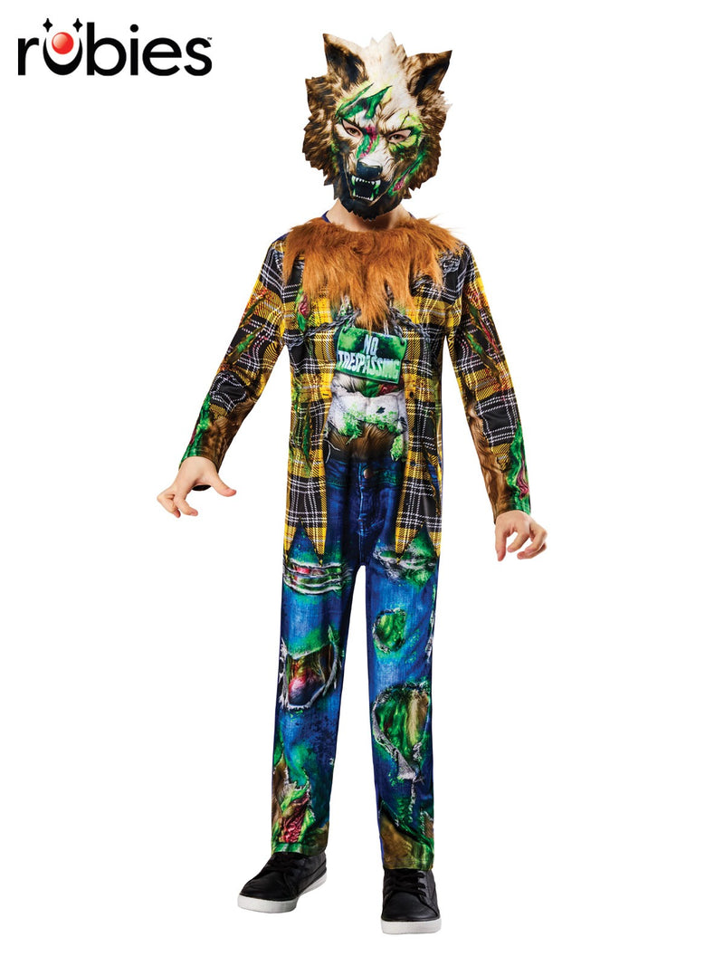 Kids toxic werewolf costume full body view showing radioactive green slime jumpsuit and mask