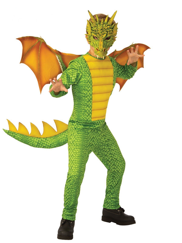 Kids green dragon costume with orange wings and yellow belly panel