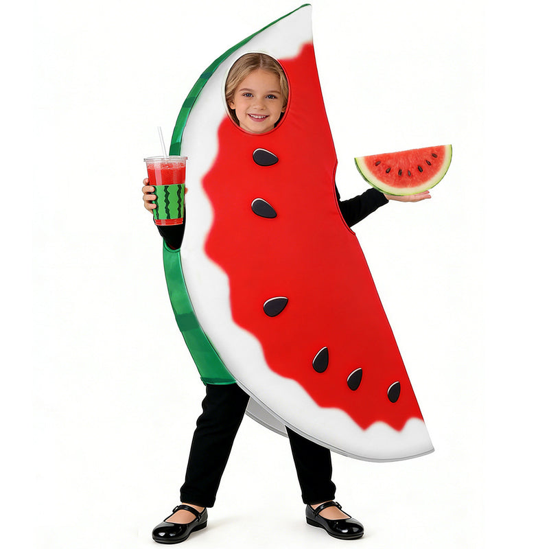 Kids watermelon slice tabard costume with red flesh, black seeds, and green rind