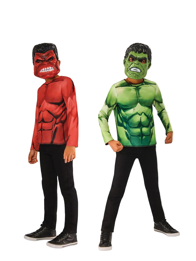 Kids Marvel Hulk reversible costume with red muscle top, green interior, and two character masks