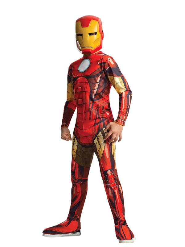 Kids Iron Man costume with photorealistic armour-print jumpsuit and moulded gold mask