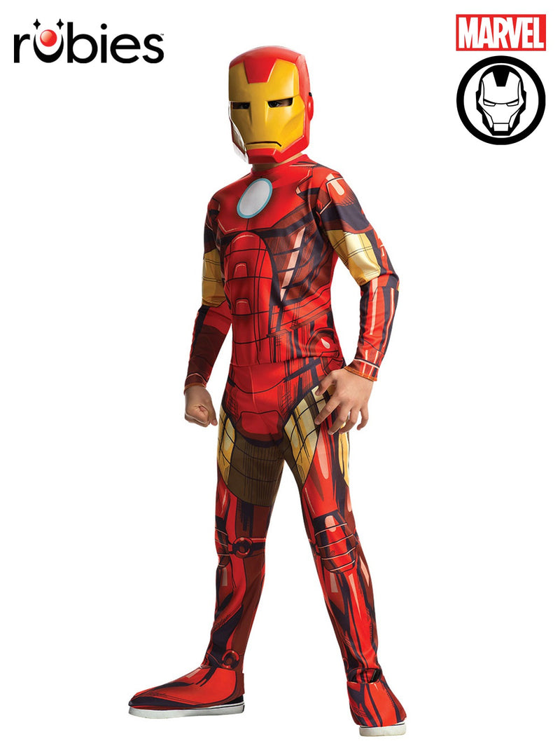 Kids Iron Man costume with photorealistic armour-print jumpsuit and moulded gold mask