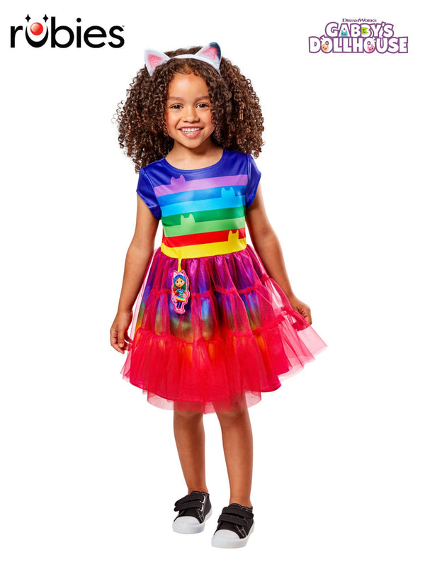 Kids Gabby's Dollhouse costume dress with rainbow striped bodice and pink tulle skirt
