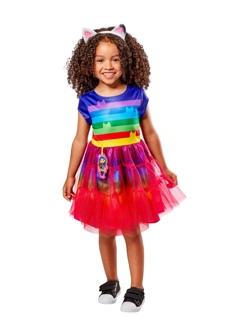 Kids Gabby's Dollhouse costume dress with rainbow striped bodice and pink tulle skirt