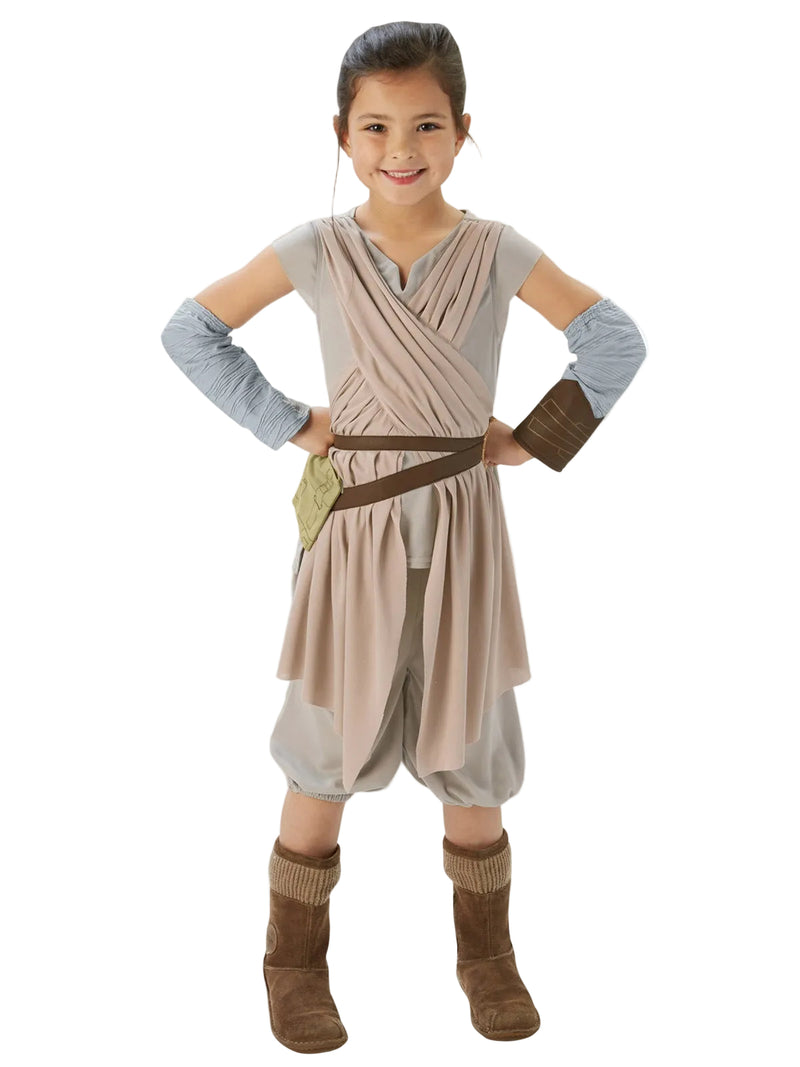 Kids Rey Star Wars costume with beige tunic, grey shorts, and arm gauntlets