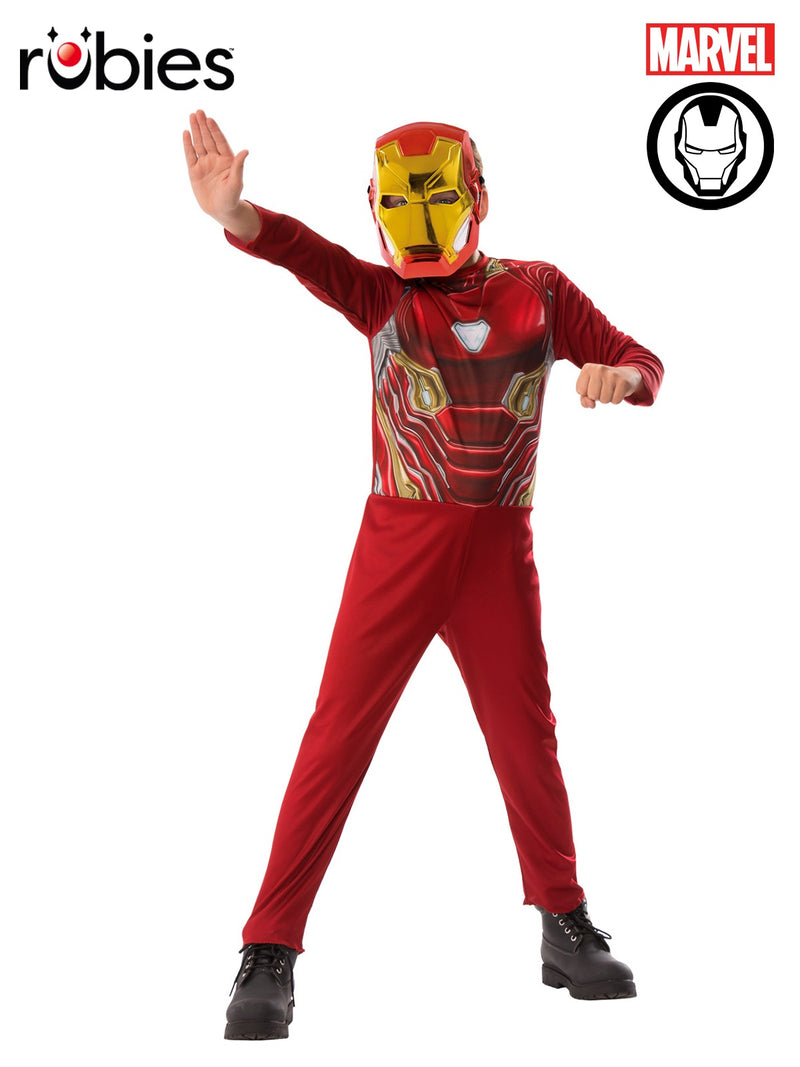 Kids Iron Man costume set showing red and gold printed jumpsuit with moulded gold mask