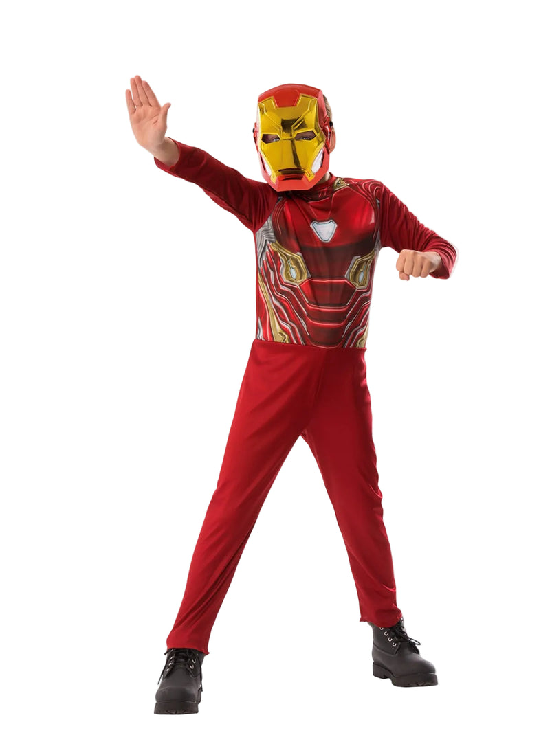 Kids Iron Man costume set showing red and gold printed jumpsuit with moulded gold mask