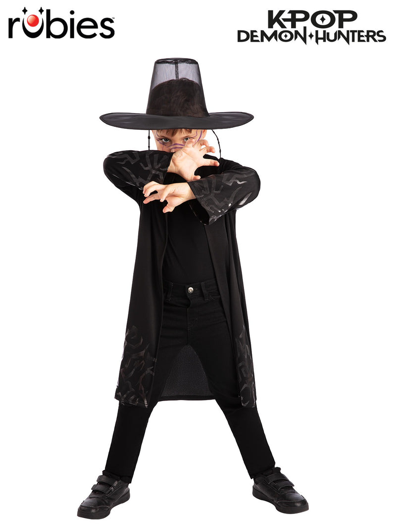 Kids K-Pop Demon Hunters Jinu costume with black printed robe and wide-brimmed hat
