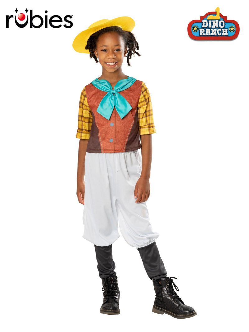 Kids Dino Ranch Min costume with yellow hat, printed vest top, and boot-style pants
