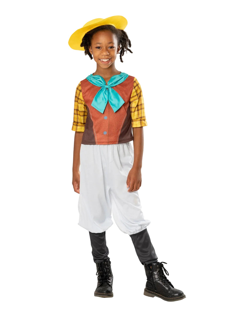 Kids Dino Ranch Min costume with yellow hat, printed vest top, and boot-style pants