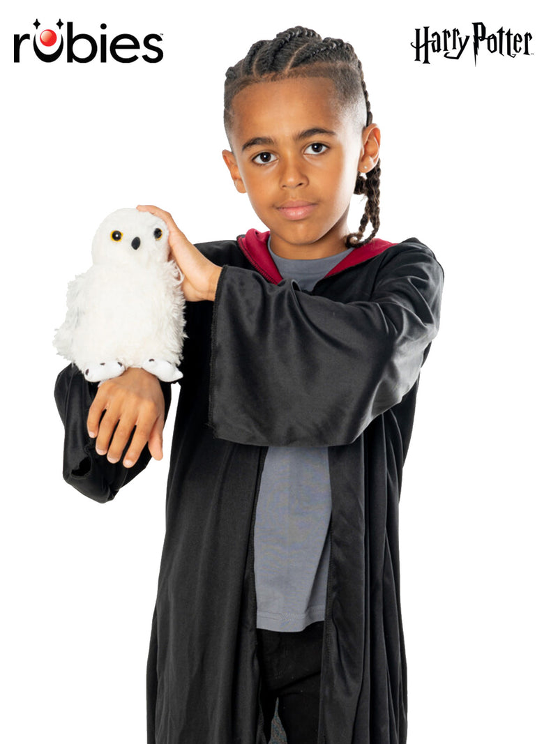 Kids Hedwig owl plush wrist gauntlet with white feathers and red Hogwarts letter strap