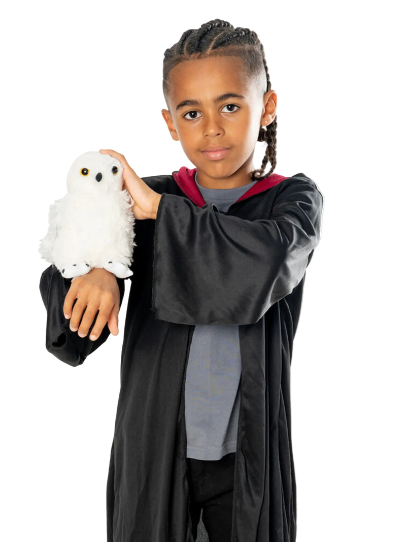 Kids Hedwig owl plush wrist gauntlet with white feathers and red Hogwarts letter strap