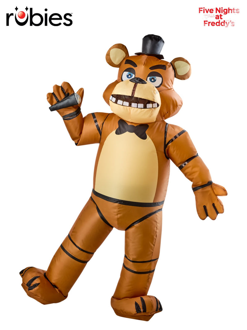 Adult Freddy Fazbear inflatable costume front view showing brown animatronic bear with top hat and bow tie
