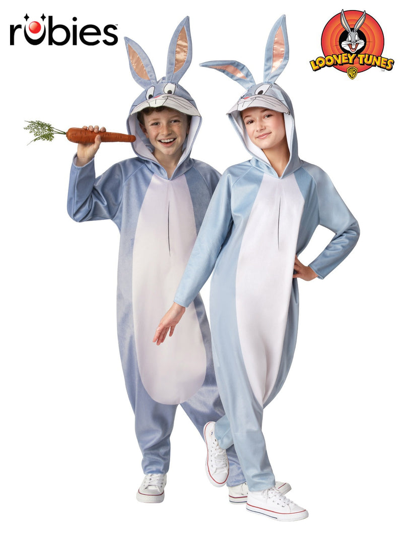 Child wearing grey and white Bugs Bunny onesie with 3D ears and printed face hood