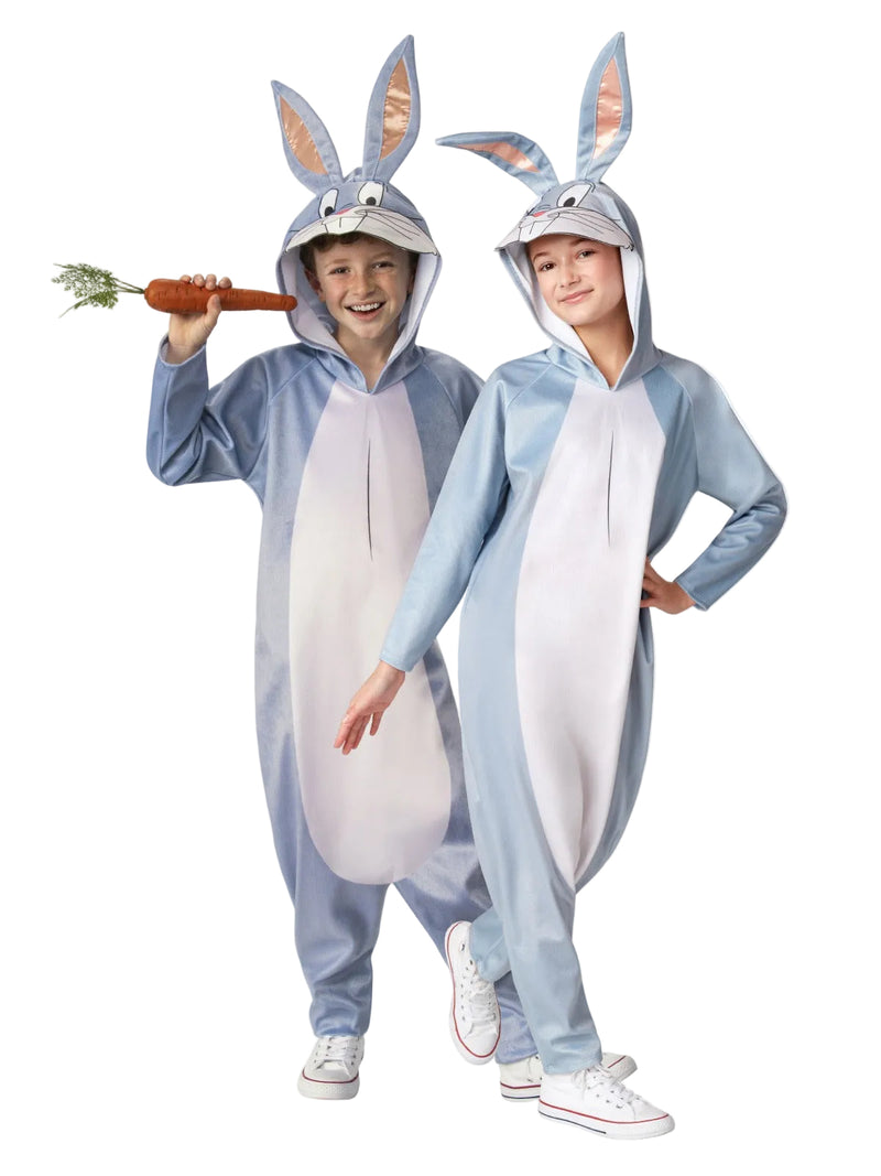 Child wearing grey and white Bugs Bunny onesie with 3D ears and printed face hood