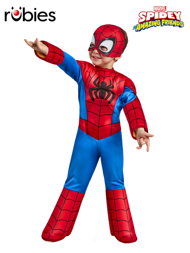 Kids Spidey deluxe costume with padded red and blue jumpsuit and mask