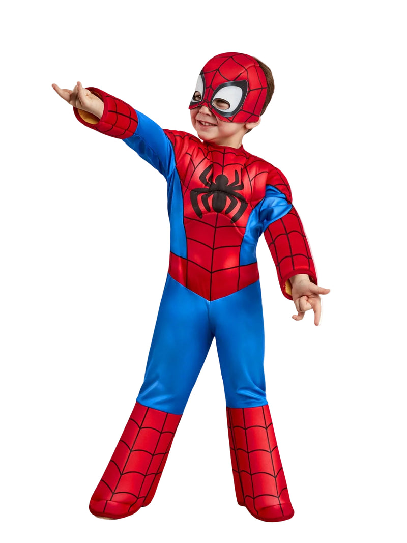 Kids Spidey deluxe costume with padded red and blue jumpsuit and mask