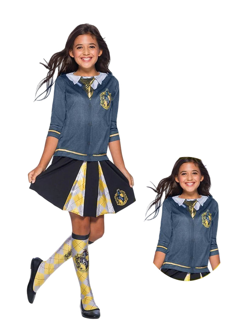 Kids Harry Potter Hufflepuff uniform top with printed cardigan, shirt, tie and house crest on grey-blue jersey