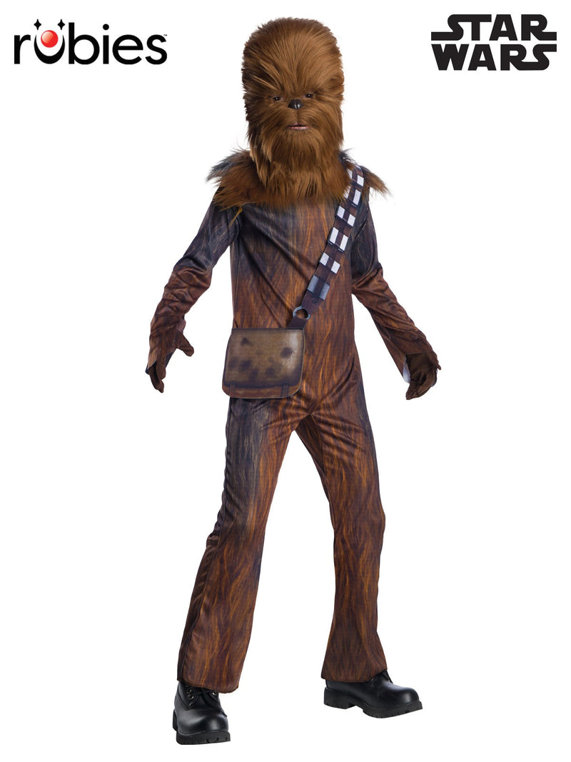 Kids Chewbacca costume showing full brown jumpsuit with printed fur texture and diagonal bandolier sash