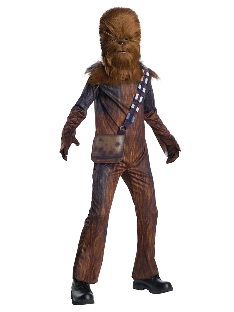 Kids Chewbacca costume showing full brown jumpsuit with printed fur texture and diagonal bandolier sash