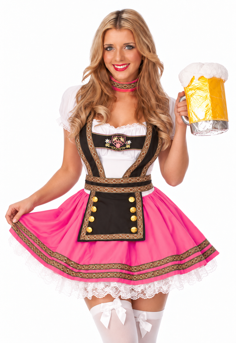 Womens hot pink Oktoberfest dirndl costume with black bodice and white petticoat