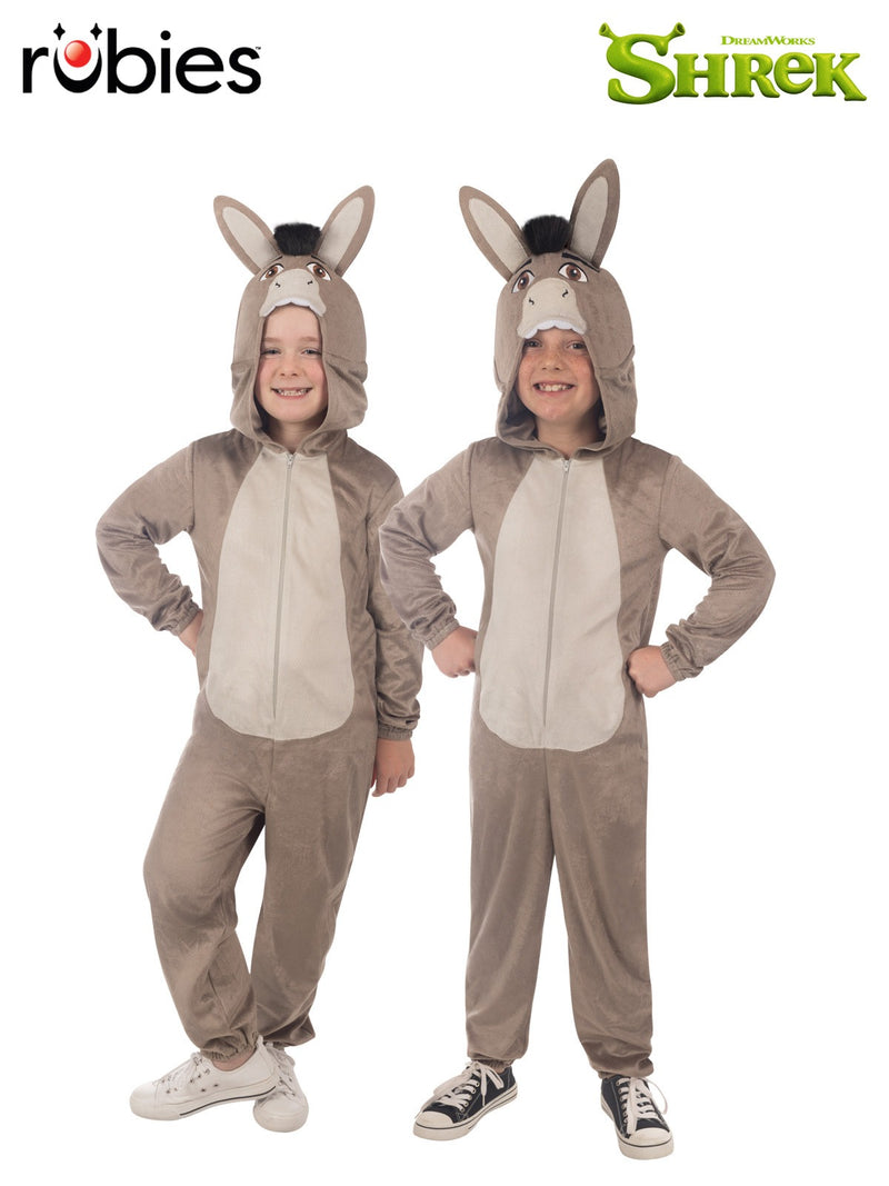 Kids Donkey costume onesie from Shrek, front view showing 3D hood with upright ears and faux fur mane