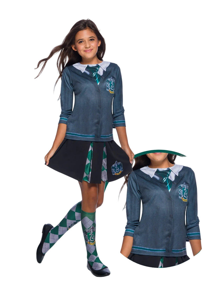 Kids Harry Potter Slytherin costume top with printed house crest and tie, front view