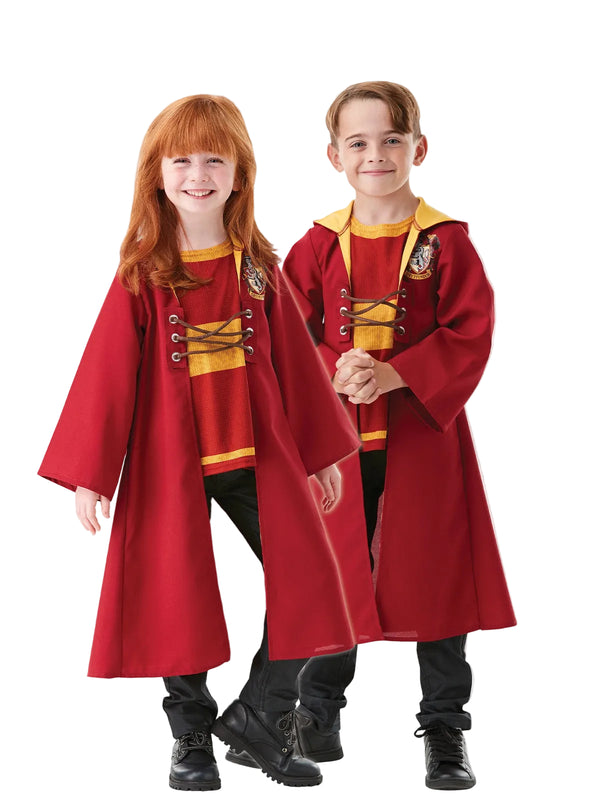 Kids Harry Potter Gryffindor Quidditch robe costume in scarlet and gold with attached hood and striped jumper