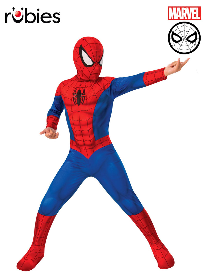 Kids Spider-Man costume full jumpsuit with red and blue web print and attached hood