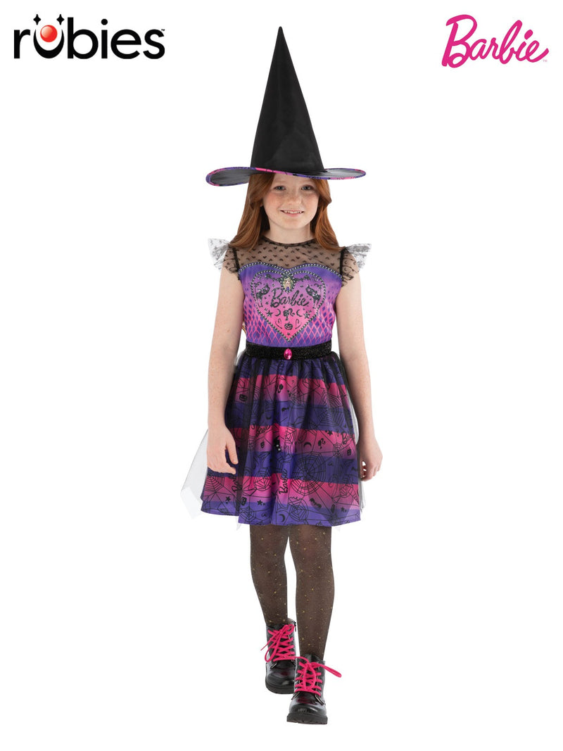 Girls Barbie witch costume dress with purple velour bodice, foil heart logo, and colorful satin skirt