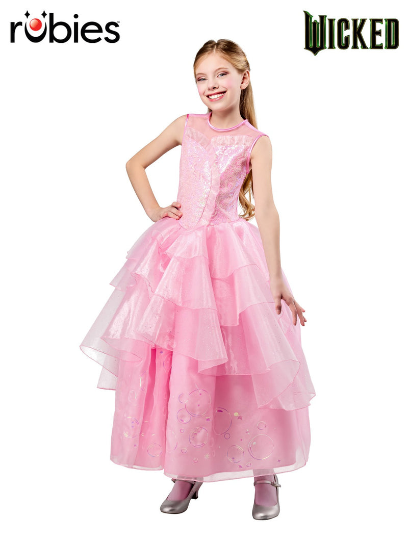Kids Glinda Wicked costume pink princess dress with waterfall tulle skirt front view