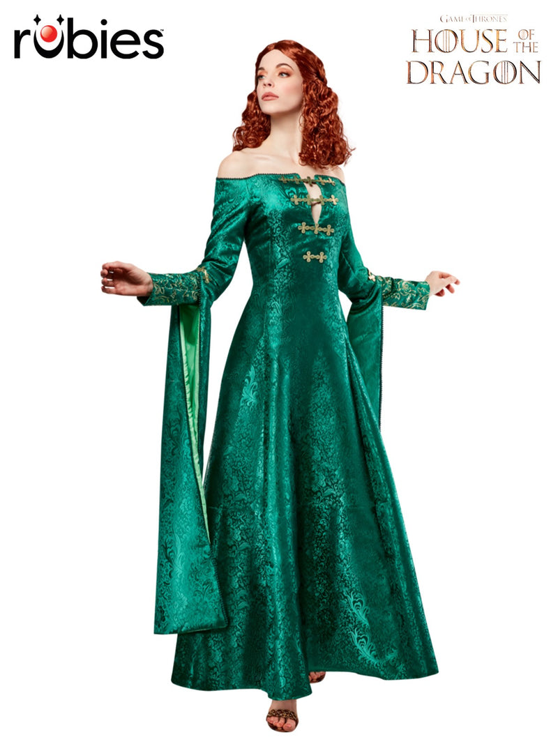Womens Alicent Hightower emerald green gown with gold embroidery and off-shoulder neckline