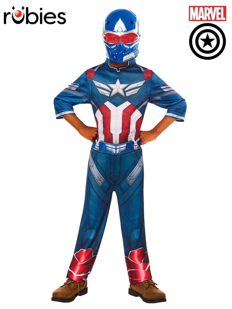 Kids Captain America costume front view showing metallic star emblem and red white blue armor print
