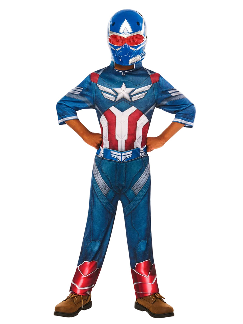 Kids Captain America costume front view showing metallic star emblem and red white blue armor print