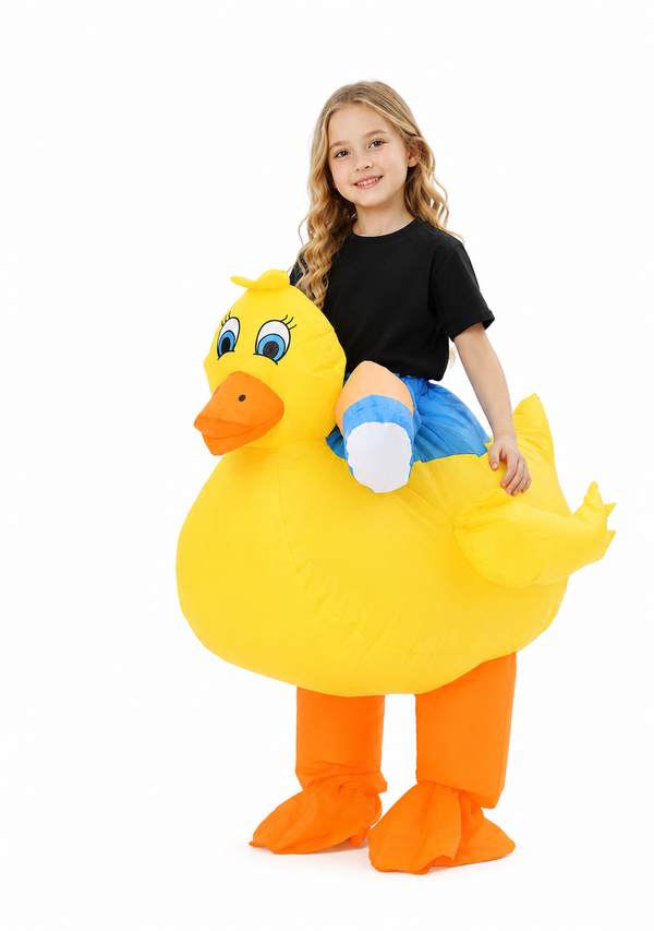 Kids inflatable ride-on duck costume side view child sitting on yellow duck