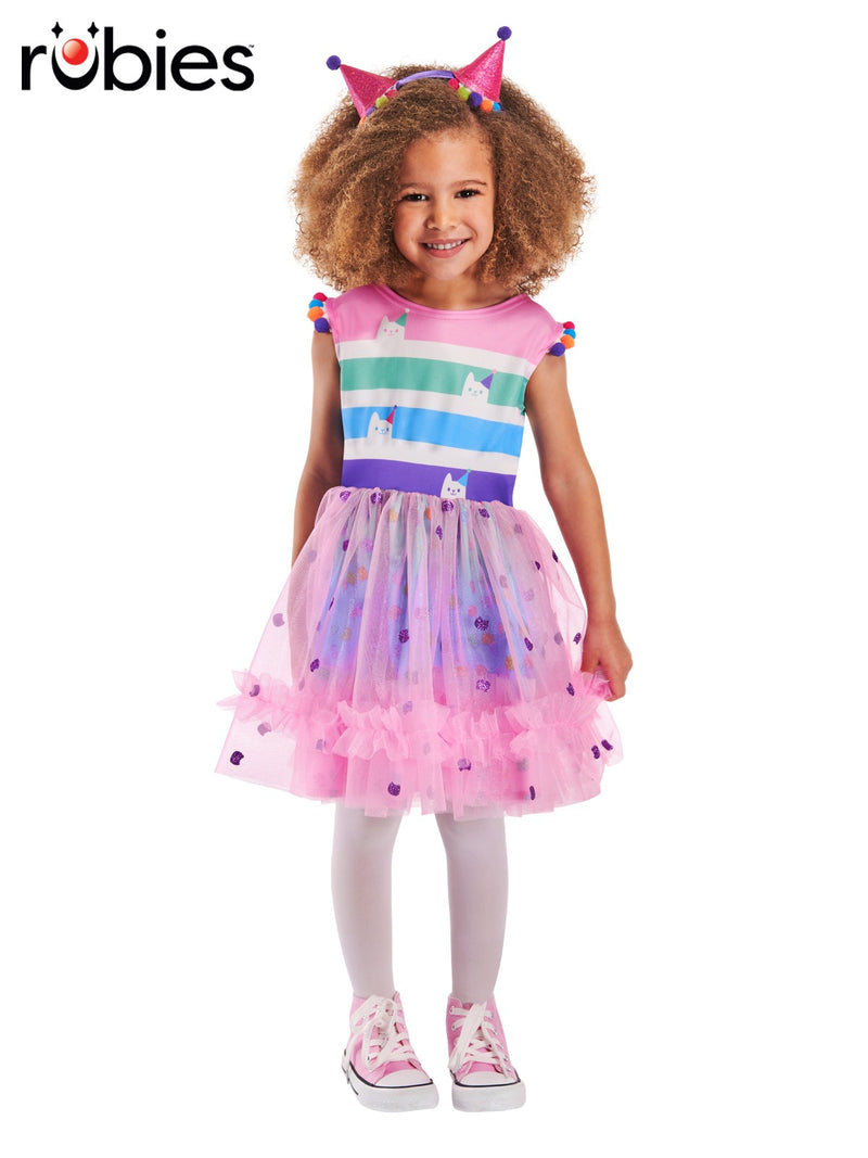 Kids Gabby's Dollhouse rainbow tutu dress with party hat headband - front view showing striped bodice and layered tulle skirt