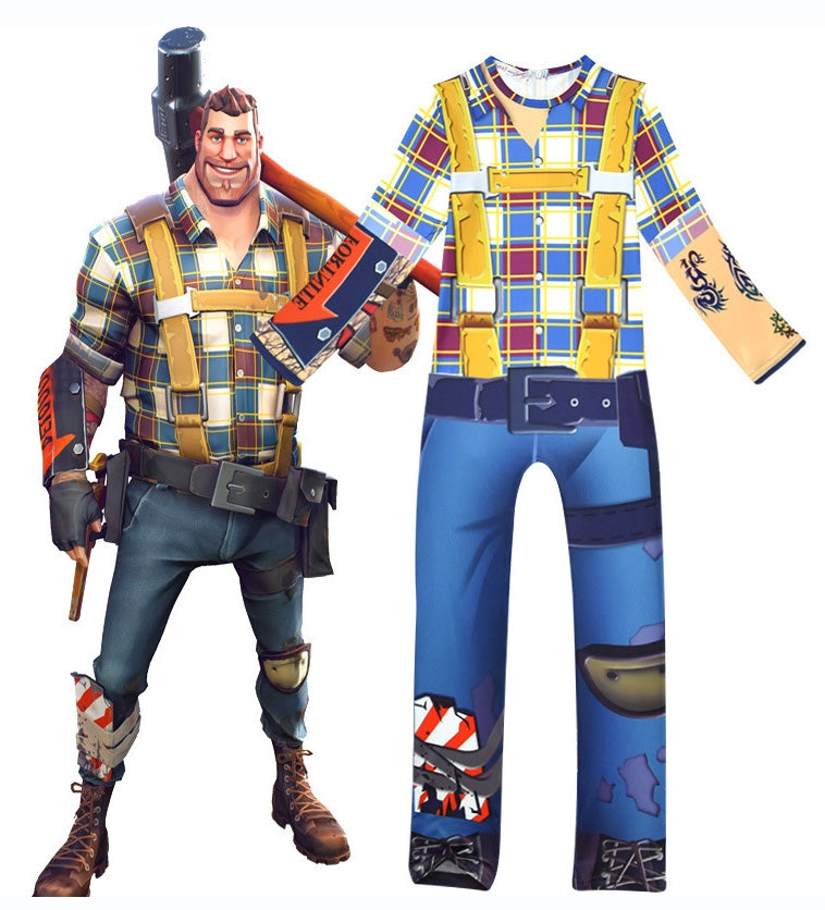 Kids builder warrior jumpsuit with printed plaid shirt and tool vest front view