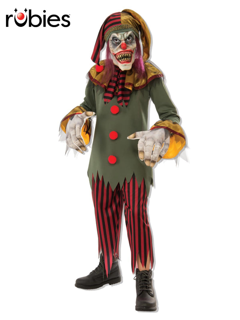 Kids evil jester costume with striped pants and creepy clown mask on white background