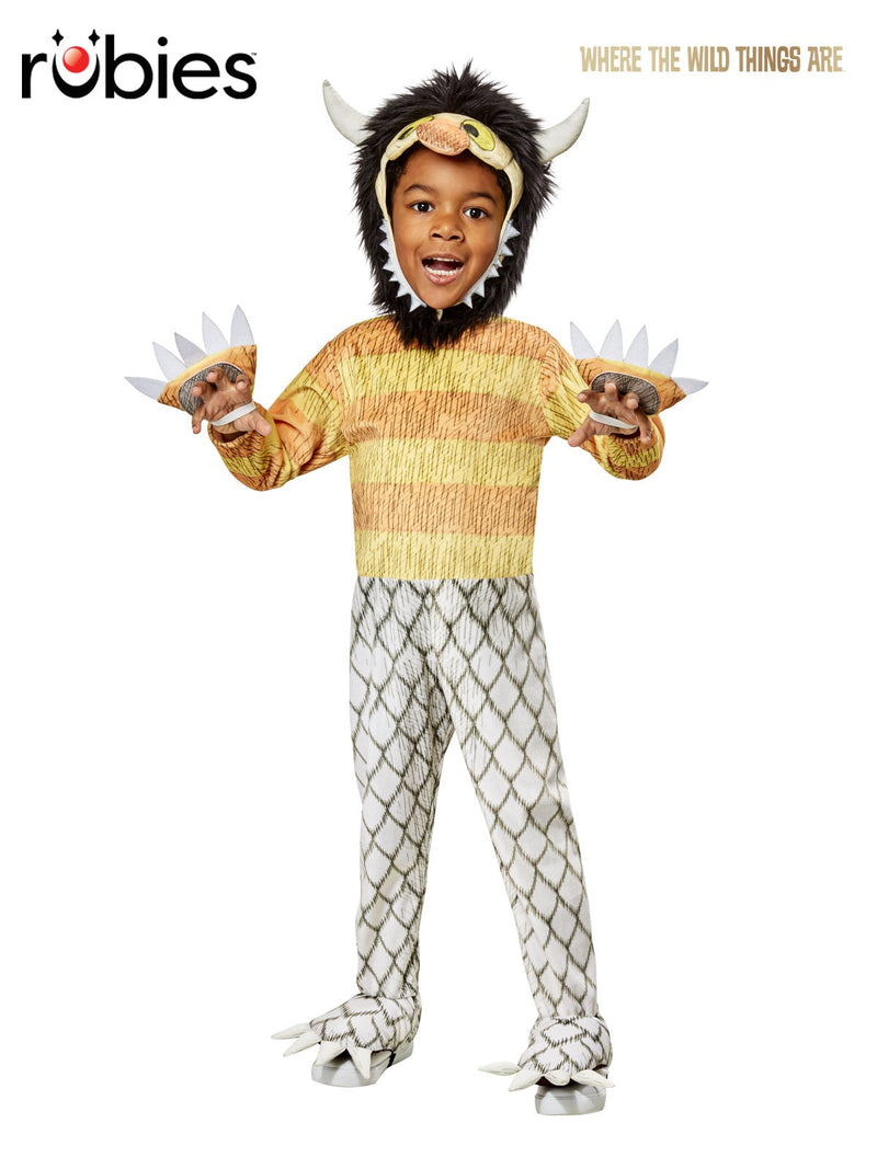 Kids Carol Wild Thing Costume front view - golden yellow jumpsuit with striped torso and black tail