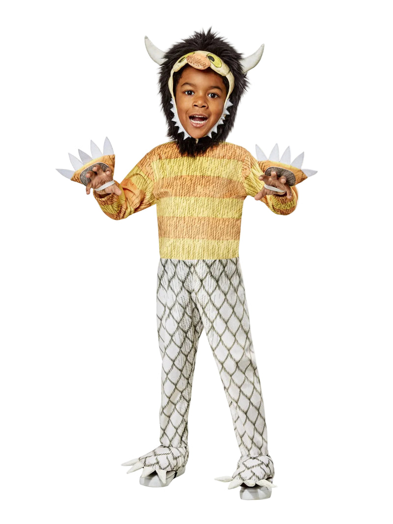 Kids Carol Wild Thing Costume front view - golden yellow jumpsuit with striped torso and black tail