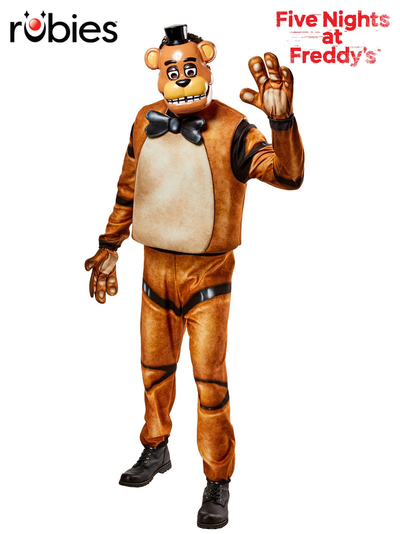 Adult Freddy Fazbear costume full body view showing tan animatronic bear jumpsuit with vest and mask