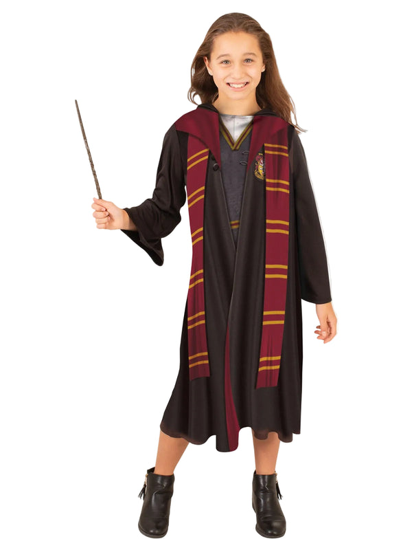 Kids Hermione Gryffindor robe costume with printed sweater vest and house crest, front view
