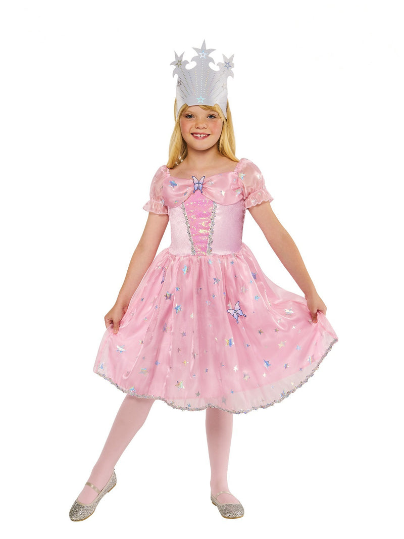 Kids Glinda the Good Witch costume dress in pink velour with sequined bodice, tulle overlay, butterfly appliqués, and white felt crown with silver stars