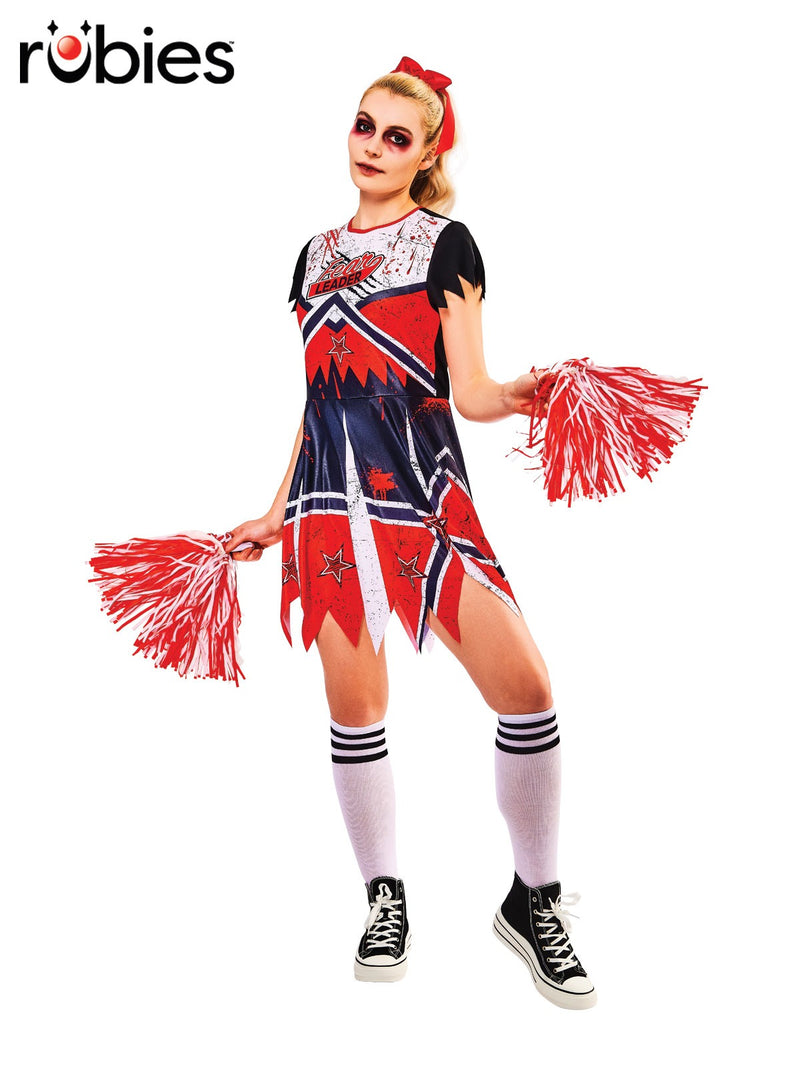 Girls zombie cheerleader costume with Fear Leader print and blood splatter