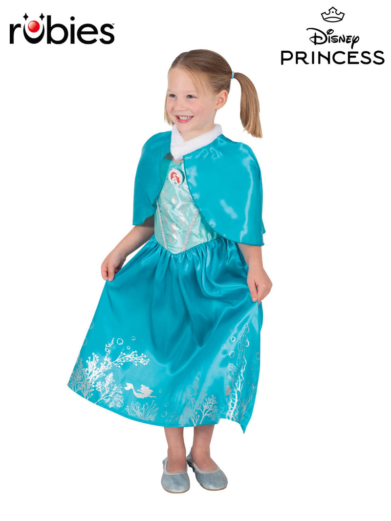 Kids Ariel Princess Costume - turquoise satin dress with underwater foil print and detachable cloak